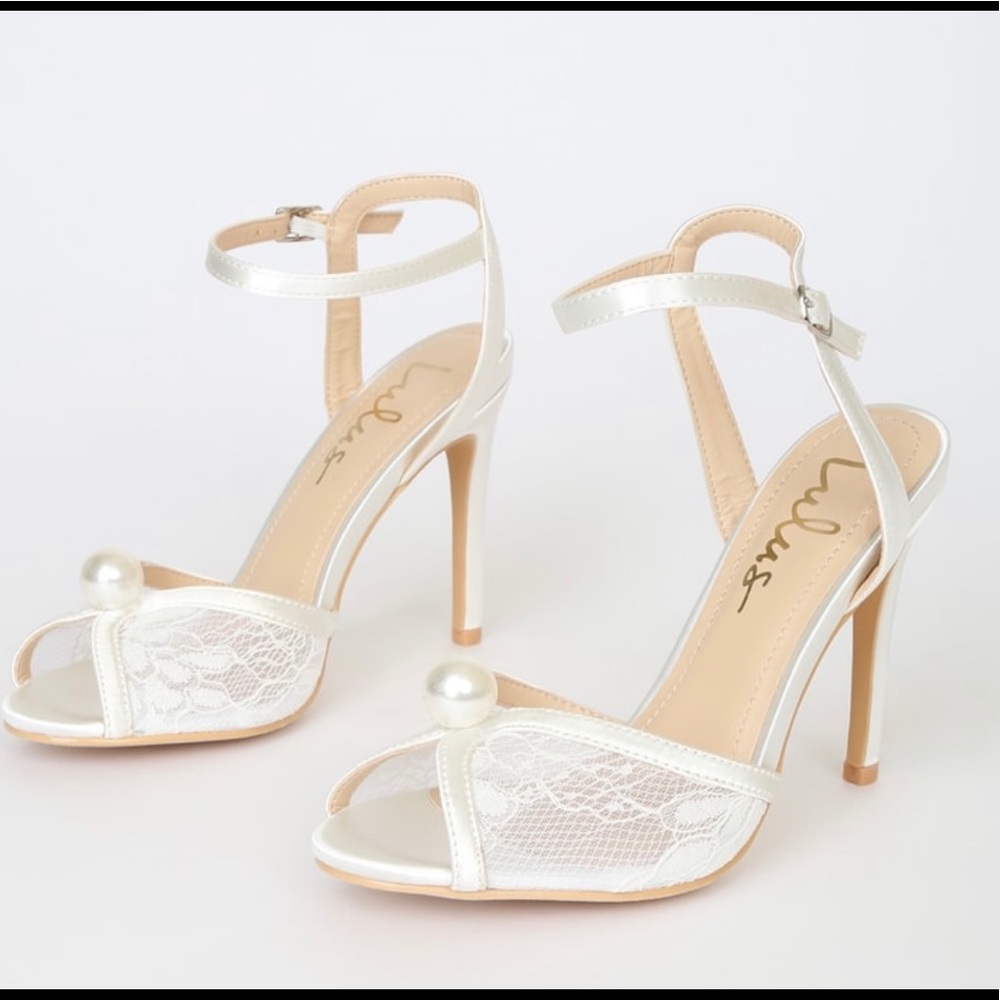 Lulus White Lace Pearl Ankle Strap Heel Sandals